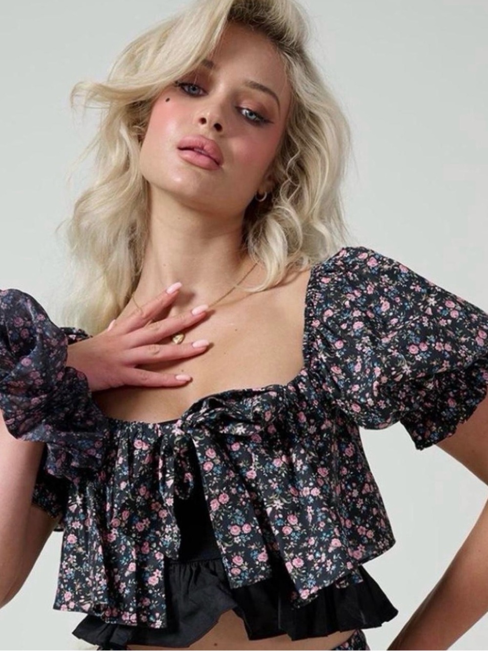 Selkie Black Crop Top with Pink Floral Print and Puff Sleeves
